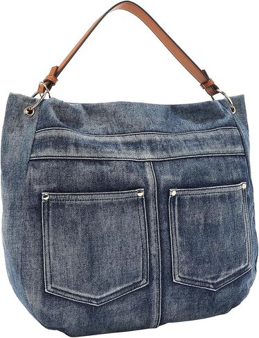 Nicole Lee Sofia Montana Denim Hobo Bag, Blue,Cotton Denim with Faux Vegan Leather Embellished with Patches and Rhinestones, Detachable Shoulder Strap Fall (SOFIA MONTANA) in Saudi Arabia