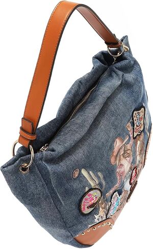 Nicole Lee Sofia Montana Denim Hobo Bag, Blue,Cotton Denim with Faux Vegan Leather Embellished with Patches and Rhinestones, Detachable Shoulder Strap Fall (SOFIA MONTANA) in Saudi Arabia