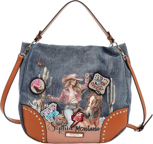 Nicole Lee Sofia Montana Denim Hobo Bag, Blue,Cotton Denim with Faux Vegan Leather Embellished with Patches and Rhinestones, Detachable Shoulder Strap Fall (SOFIA MONTANA) in Saudi Arabia