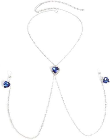Sexy Bra Nipple Chain Blue Rhinestone Heart Pendant Choker Necklace for Women Non Piercing Adjustable Noose Fake Nipple Ring Statement Nightclub Bikini Festival Rave Party Lingerie Chest Body Jewelry in Kuwait