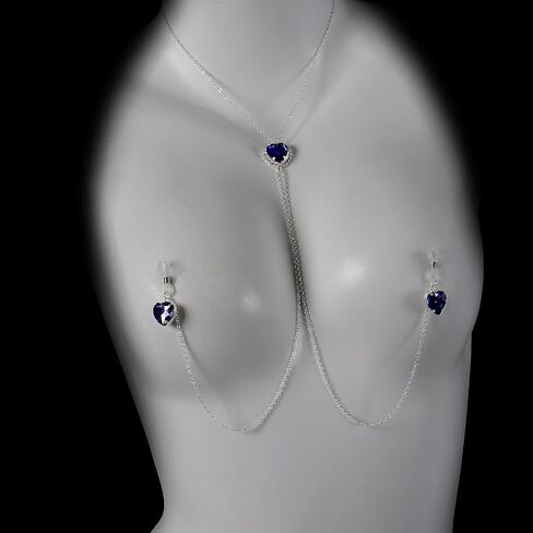 Sexy Bra Nipple Chain Blue Rhinestone Heart Pendant Choker Necklace for Women Non Piercing Adjustable Noose Fake Nipple Ring Statement Nightclub Bikini Festival Rave Party Lingerie Chest Body Jewelry in Kuwait