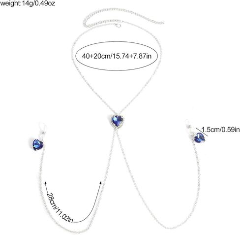 Sexy Bra Nipple Chain Blue Rhinestone Heart Pendant Choker Necklace for Women Non Piercing Adjustable Noose Fake Nipple Ring Statement Nightclub Bikini Festival Rave Party Lingerie Chest Body Jewelry in Kuwait