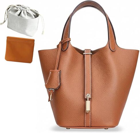 Genuine Leather Lock Design Bucket Bag for Women, Vegetable Basket Fashionable Versatile Handbag (Brown) in Saudi Arabia
