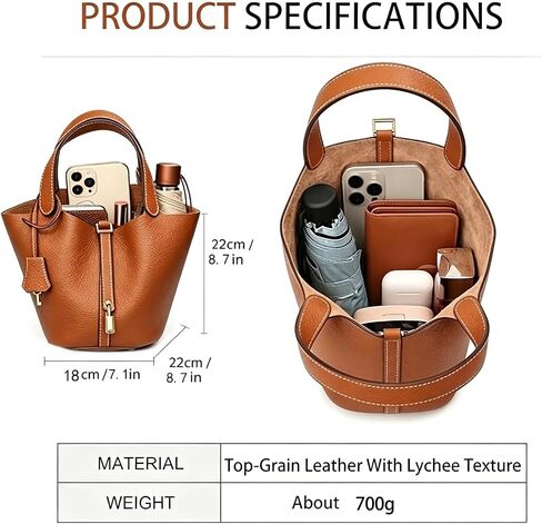 Genuine Leather Lock Design Bucket Bag for Women, Vegetable Basket Fashionable Versatile Handbag (Brown) in Saudi Arabia