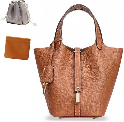 Genuine Leather Lock Design Bucket Bag for Women, Vegetable Basket Fashionable Versatile Handbag (Brown) in Saudi Arabia