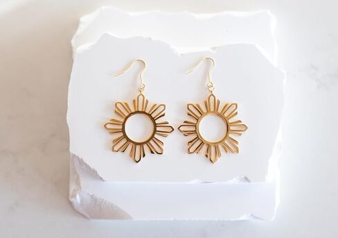 Philippine Araw Full Sun Outline Dangle Earrings, Modern Filipino Sun Design, Lightweight Statement Earrings with 4.5 cm Drop in Saudi Arabia