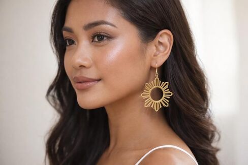 Philippine Araw Full Sun Outline Dangle Earrings, Modern Filipino Sun Design, Lightweight Statement Earrings with 4.5 cm Drop in Saudi Arabia
