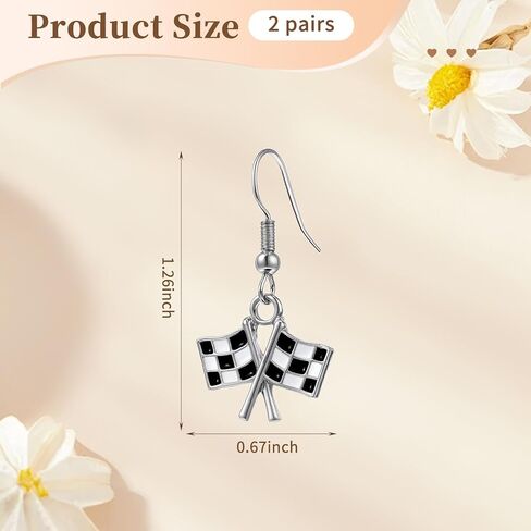 2 Pairs Checkered Flag Earrings for Women, Black and White Racing Earrings Charm Dangle, Race Car Earring for Racing Fans and Race Day Accessories in Saudi Arabia