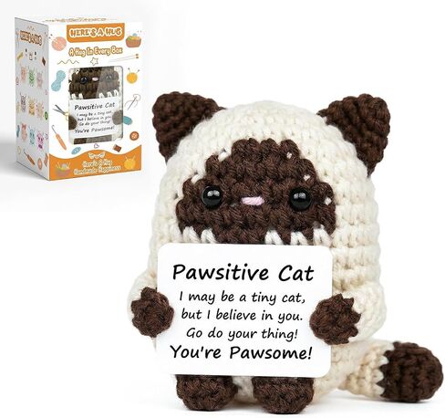 Handmade Positive Siamese Cat, Easter Basket Stuffers for Teens Boys Girls,Mini Brown Cat Crochet Animal, Emotional Support Cat, Birthday Mothers Day Graduation Gifts for Son Daughter Women Friends in Saudi Arabia