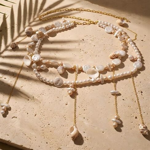 Doble Layered Baroque Pearl Beaded Waist Chain Belts, Trendy Shell Conch Tassel Pendant Belt for Women Ocean Coquette Hawaii Beach Bikini Jewelry Gift in Kuwait