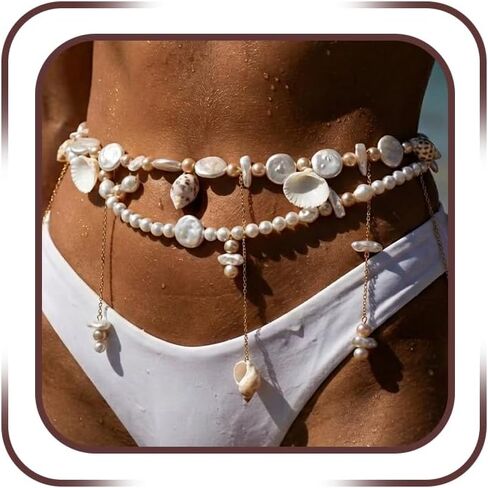 Doble Layered Baroque Pearl Beaded Waist Chain Belts, Trendy Shell Conch Tassel Pendant Belt for Women Ocean Coquette Hawaii Beach Bikini Jewelry Gift in Kuwait