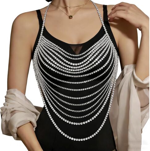 Multi-Layer Body Chain Necklace Rhinestone Chain Halter Top Body Jewelry Sexy Tassel Chest Chain Rave Nightclub Accessory in Kuwait