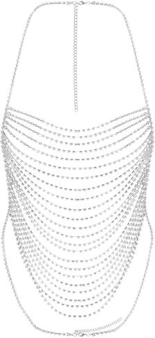 Multi-Layer Body Chain Necklace Rhinestone Chain Halter Top Body Jewelry Sexy Tassel Chest Chain Rave Nightclub Accessory in Kuwait