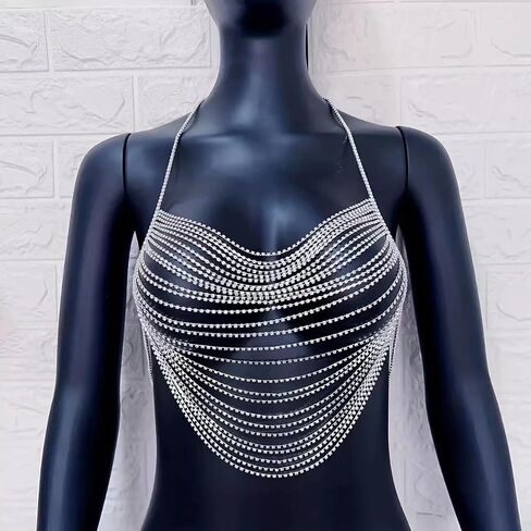 Multi-Layer Body Chain Necklace Rhinestone Chain Halter Top Body Jewelry Sexy Tassel Chest Chain Rave Nightclub Accessory in Kuwait