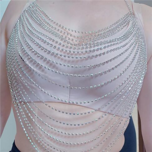 Multi-Layer Body Chain Necklace Rhinestone Chain Halter Top Body Jewelry Sexy Tassel Chest Chain Rave Nightclub Accessory in Kuwait