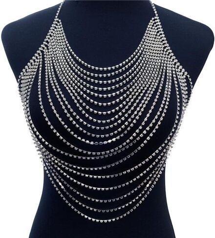 Multi-Layer Body Chain Necklace Rhinestone Chain Halter Top Body Jewelry Sexy Tassel Chest Chain Rave Nightclub Accessory in Kuwait