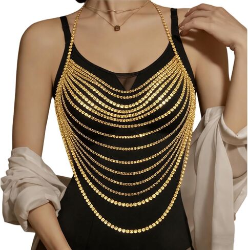 Multi-Layer Body Chain Necklace Rhinestone Chain Halter Top Body Jewelry Sexy Tassel Chest Chain Rave Nightclub Accessory in Kuwait