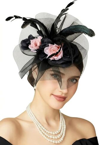 قبعات Coucoland Fascinators للنساء - زهور حفلة الشاي كنتاكي Fascinator Derby قبعة تول ريش عصابة رأس مع مشبك شعر in Kuwait