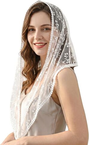 Larrel Mantilla Veils كاثوليكية، حجاب ناعم للكنيسة الكاثوليكية خمر وشاح الرأس الدانتيل لحفلات الزفاف مع شرابة قصيرة، طرحة زفاف مطرزة للمناسبات الخاصة بالكنيسة، الاستخدام اليومي in Kuwait