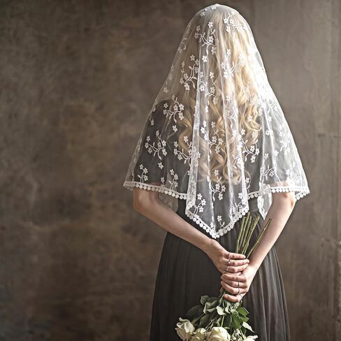 Larrel Mantilla Veils كاثوليكية، حجاب ناعم للكنيسة الكاثوليكية خمر وشاح الرأس الدانتيل لحفلات الزفاف مع شرابة قصيرة، طرحة زفاف مطرزة للمناسبات الخاصة بالكنيسة، الاستخدام اليومي in Kuwait