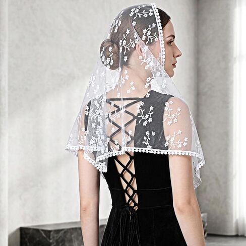 Larrel Mantilla Veils كاثوليكية، حجاب ناعم للكنيسة الكاثوليكية خمر وشاح الرأس الدانتيل لحفلات الزفاف مع شرابة قصيرة، طرحة زفاف مطرزة للمناسبات الخاصة بالكنيسة، الاستخدام اليومي in Kuwait