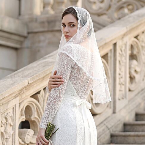 Larrel Mantilla Veils كاثوليكية، حجاب ناعم للكنيسة الكاثوليكية خمر وشاح الرأس الدانتيل لحفلات الزفاف مع شرابة قصيرة، طرحة زفاف مطرزة للمناسبات الخاصة بالكنيسة، الاستخدام اليومي in Kuwait