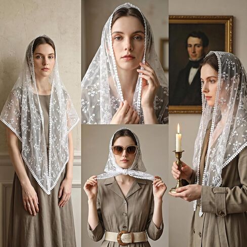 Larrel Mantilla Veils كاثوليكية، حجاب ناعم للكنيسة الكاثوليكية خمر وشاح الرأس الدانتيل لحفلات الزفاف مع شرابة قصيرة، طرحة زفاف مطرزة للمناسبات الخاصة بالكنيسة، الاستخدام اليومي in Kuwait