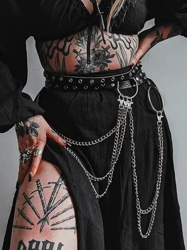 Women Double Layer Waist Belt with Chain, Adjustable Faux Leather Alloy Hip Belt for Street Style Festival Outfits(Waist 26.4-35.4in) in Saudi Arabia