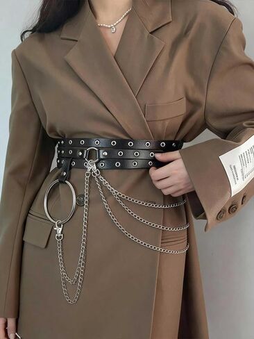 Women Double Layer Waist Belt with Chain, Adjustable Faux Leather Alloy Hip Belt for Street Style Festival Outfits(Waist 26.4-35.4in) in Saudi Arabia