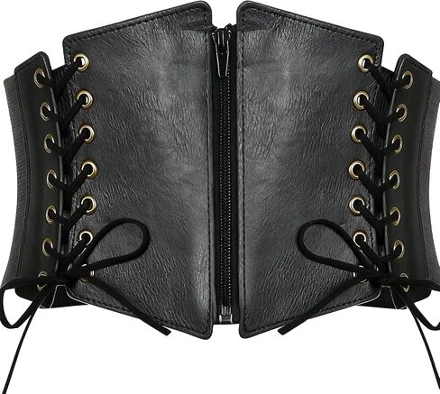 Black Underbust Corset Belt for Women –Elastic Waist Cincher for Renaissance, Pirate & Catwoman Costumes | PU_ Leather Half Corset | 24-32 Inch Waist in Saudi Arabia