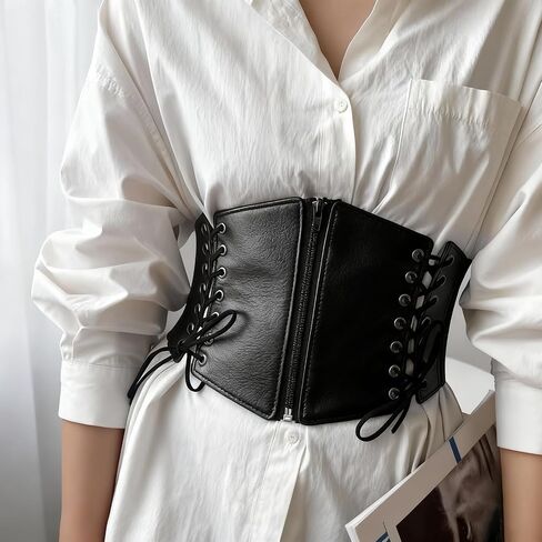Black Underbust Corset Belt for Women –Elastic Waist Cincher for Renaissance, Pirate & Catwoman Costumes | PU_ Leather Half Corset | 24-32 Inch Waist in Saudi Arabia