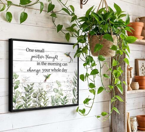 Framed Inspirational Farmhouse Wall Art Sage Green Eucalyptus Leaf Wall Decor Botanical Inspirational Canvas Prints One Small Positive Thought In The Morning Can Change Your Whole Day 16x12inch in Kuwait