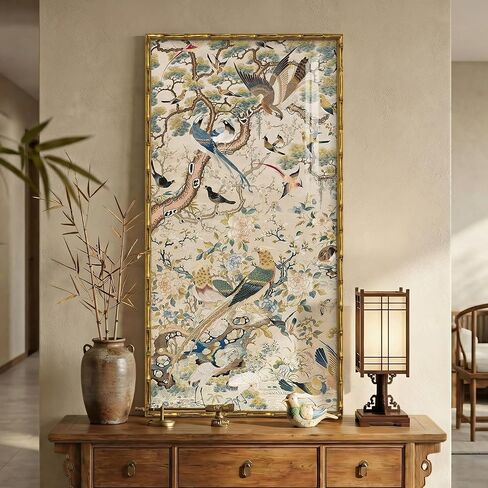 Vintage Gold Framed Chinoiserie Wall Art for Living Room, Vertical Retro Neutral Floral Bird Artwork for Walls, Canvas Print with Bamboo-Style Framed for Bedroom Dining Room Wall Decor, 20x40 Inch in Kuwait