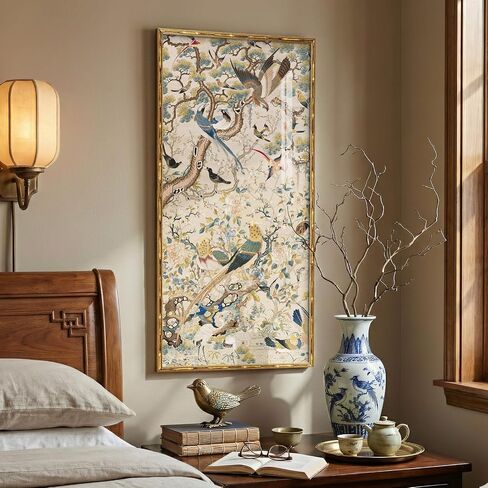 Vintage Gold Framed Chinoiserie Wall Art for Living Room, Vertical Retro Neutral Floral Bird Artwork for Walls, Canvas Print with Bamboo-Style Framed for Bedroom Dining Room Wall Decor, 20x40 Inch in Kuwait