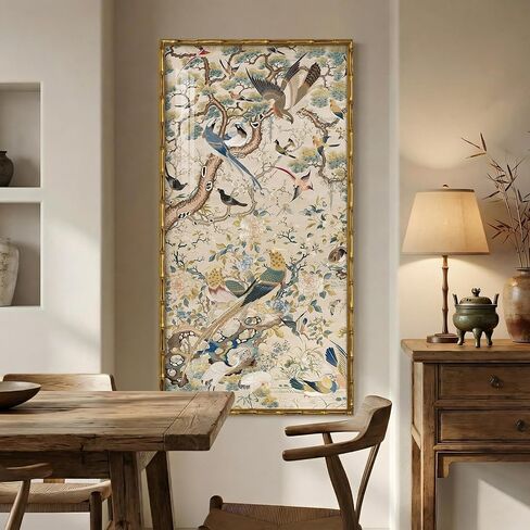 Vintage Gold Framed Chinoiserie Wall Art for Living Room, Vertical Retro Neutral Floral Bird Artwork for Walls, Canvas Print with Bamboo-Style Framed for Bedroom Dining Room Wall Decor, 20x40 Inch in Kuwait
