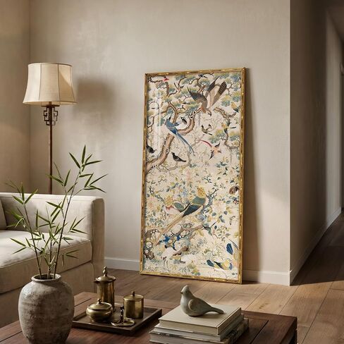 Vintage Gold Framed Chinoiserie Wall Art for Living Room, Vertical Retro Neutral Floral Bird Artwork for Walls, Canvas Print with Bamboo-Style Framed for Bedroom Dining Room Wall Decor, 20x40 Inch in Kuwait