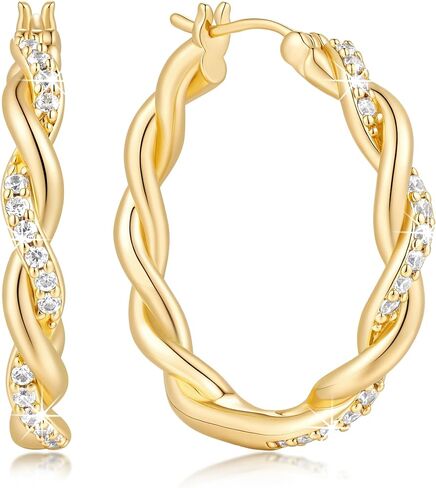 Gold Hoop Earrings 14K Gold Earrings for Women Gold Hoop Earrings for Women Hoops Gentle Charm of Romantic Woven Shape with Cubic Zirconia Hoops Earring for Womens 29mm in Saudi Arabia