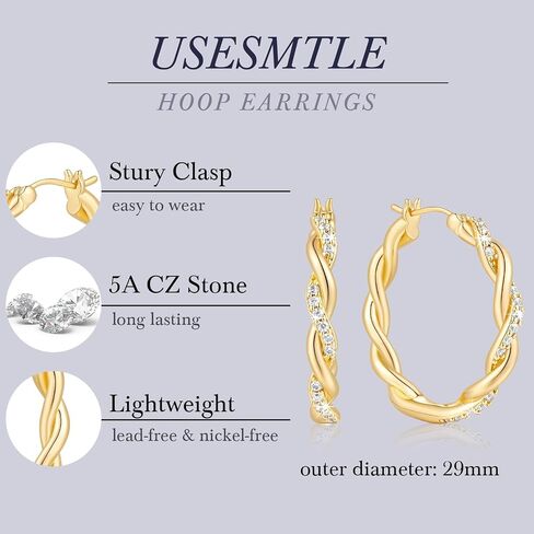 Gold Hoop Earrings 14K Gold Earrings for Women Gold Hoop Earrings for Women Hoops Gentle Charm of Romantic Woven Shape with Cubic Zirconia Hoops Earring for Womens 29mm in Saudi Arabia
