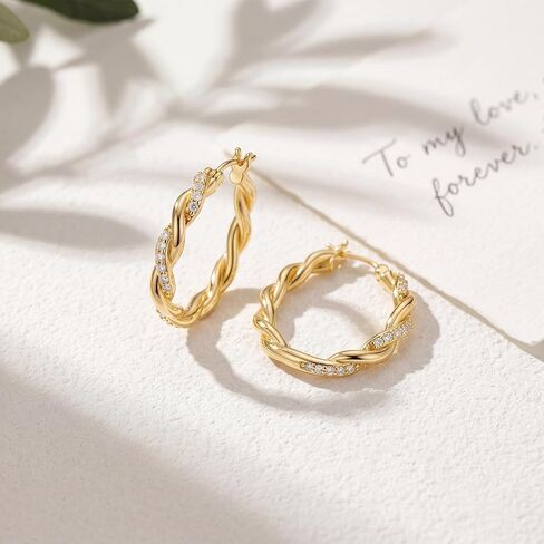 Gold Hoop Earrings 14K Gold Earrings for Women Gold Hoop Earrings for Women Hoops Gentle Charm of Romantic Woven Shape with Cubic Zirconia Hoops Earring for Womens 29mm in Saudi Arabia
