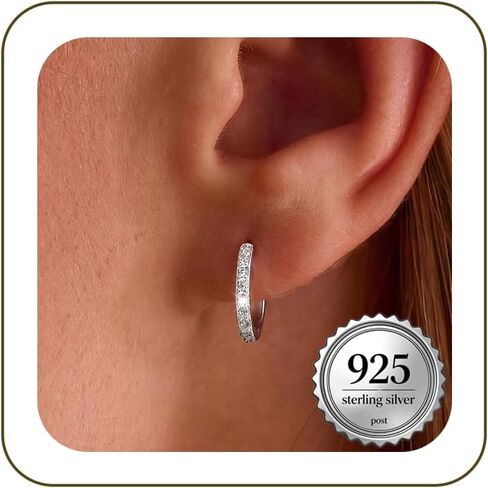 Silver Hoop Earrings for Women - 925 Sterling Silver CZ Hoop Earrings, Small Dainty Huggie Earrings with Cubic Zirconia, Hypoallergenic Lightweight Minimalist Jewelry Gift in Saudi Arabia