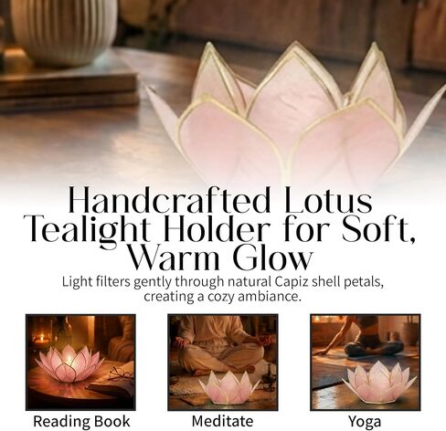 Om Gallery Mini Gemstone Lotus Tealight Holder - Handcrafted Capiz Shell Design for Soft Glow, Elegant Home & Table Decor, Wedding Centerpiece, Votive Candle Styling & Thoughtful Gifting - Rose Quartz in Saudi Arabia