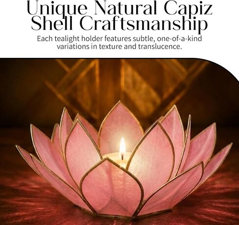 Om Gallery Mini Gemstone Lotus Tealight Holder - Handcrafted Capiz Shell Design for Soft Glow, Elegant Home & Table Decor, Wedding Centerpiece, Votive Candle Styling & Thoughtful Gifting - Rose Quartz in Saudi Arabia