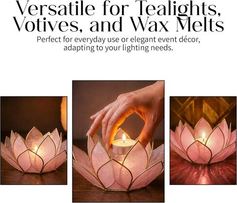 Om Gallery Mini Gemstone Lotus Tealight Holder - Handcrafted Capiz Shell Design for Soft Glow, Elegant Home & Table Decor, Wedding Centerpiece, Votive Candle Styling & Thoughtful Gifting - Rose Quartz in Saudi Arabia