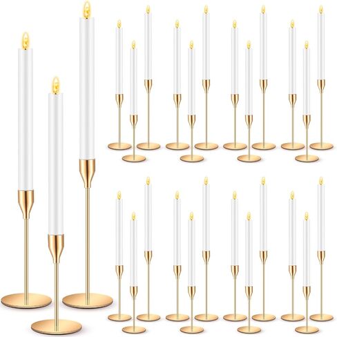 FillTouch 30 Pcs Gold Candlestick Holders with Flameless LED Candles Bulk Includes 15 Metal Candle Holders and 15 Battery Operated Taper Candles for Wedding Valentines Table Centerpieces Home Decor in Kuwait
