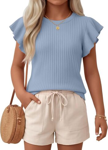 Girls Ruffle Short Sleeve T-Shirts Kids Cotton Ribbed Knit Crewneck Tees Summer Casual Blouse Tops 5-14 Years in Saudi Arabia