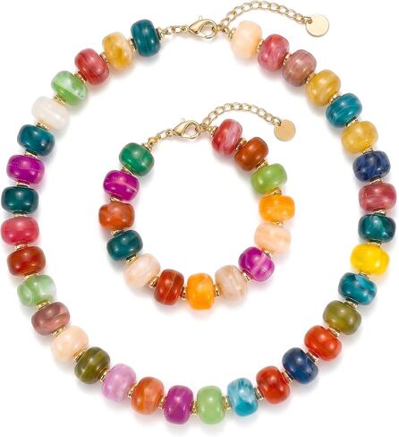 Gmai Chunky Bead Necklace and Bracelet Set for Women Boho Big Bead Statement Necklace Adjustable Fashion Trendy Summer Necklaces Jewelry Gift Set in Saudi Arabia