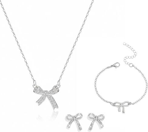 3Pcs Bow Jewelry Set, Gold Bow Necklace Bracelet Earrings with Radiant Rhinestone, Ribbon Knot Accessories for Women, Sophisticated Keepsakes for Ladies and Prom Events in Kuwait