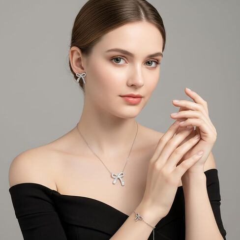 3Pcs Bow Jewelry Set, Gold Bow Necklace Bracelet Earrings with Radiant Rhinestone, Ribbon Knot Accessories for Women, Sophisticated Keepsakes for Ladies and Prom Events in Kuwait
