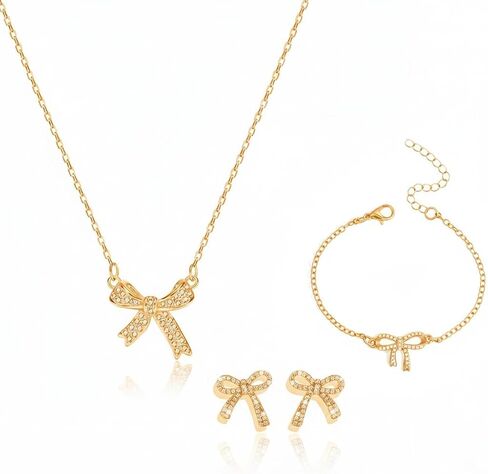 3Pcs Bow Jewelry Set, Gold Bow Necklace Bracelet Earrings with Radiant Rhinestone, Ribbon Knot Accessories for Women, Sophisticated Keepsakes for Ladies and Prom Events in Kuwait