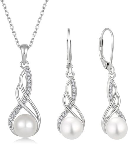 Pearl Pendant Necklace and Earrings Set for Women, Gifts For Women Wife Mother's Day Anniversary, 925 Sterling Silver Infinity Jewelry Set with 8mm Freshwater Cultured Pearl Jewelry White in Saudi Arabia